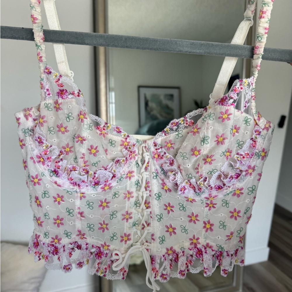 For Love and Lemons Floral Lace Trim Crop Top Worn Once